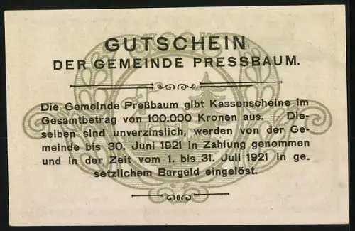 Notgeld Pressbaum 1920, 40 Heller, Stadtansicht mit Kirche und Hügeln im Hintergrund