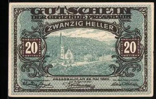 Notgeld Pressbaum 1920, 20 Heller, Stadtansicht mit Kirche, Gutschein der Gemeinde Pressbaum