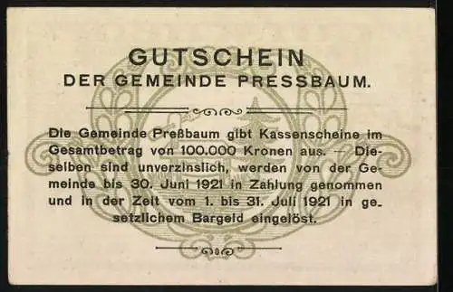 Notgeld Pressbaum 1920, 20 Heller, Stadtansicht mit Kirche, Gutschein der Gemeinde Pressbaum