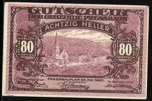 Notgeld Pressbaum 1920, 80 Heller, Stadtansicht mit Kirche