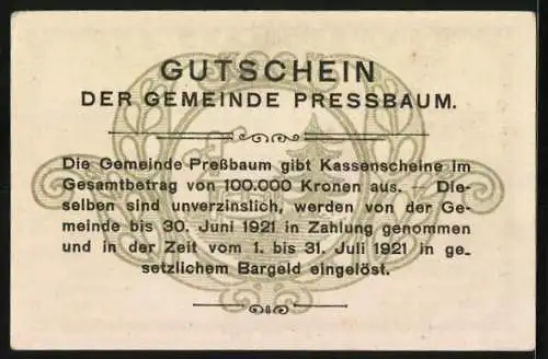 Notgeld Pressbaum 1920, 80 Heller, Stadtansicht mit Kirche