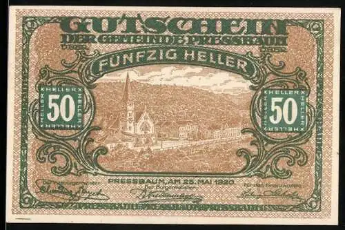 Notgeld Pressbaum 1920, 50 Heller, Stadtansicht mit Kirche und dekorativer Rahmen