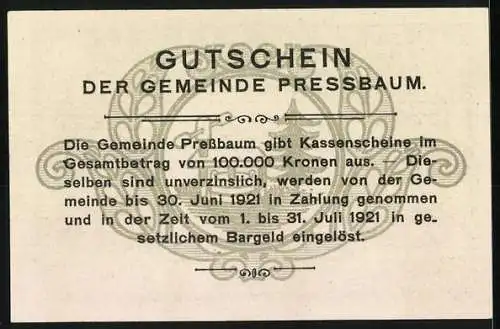 Notgeld Pressbaum 1920, 50 Heller, Stadtansicht mit Kirche und dekorativer Rahmen