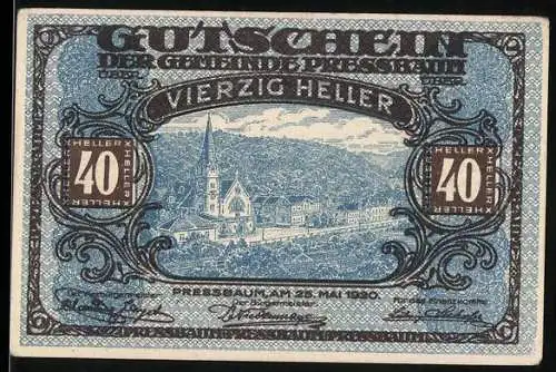 Notgeld Pressbaum 1920, 40 Heller, Stadtansicht mit Kirche, dekorativer Rahmen und Schriftzug