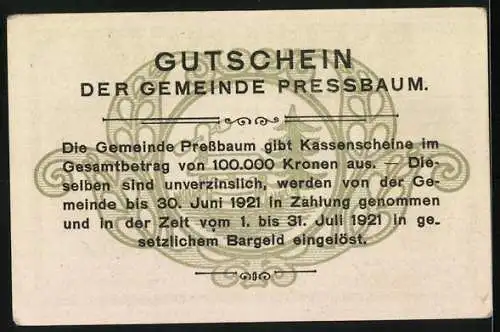 Notgeld Pressbaum 1920, 40 Heller, Stadtansicht mit Kirche, dekorativer Rahmen und Schriftzug