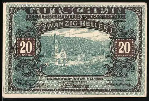 Notgeld Pressbaum 1920, 20 Heller, Stadtansicht mit Kirche und Landschaft