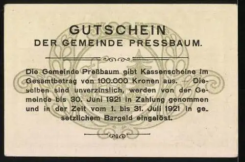 Notgeld Pressbaum 1920, 20 Heller, Stadtansicht mit Kirche und Landschaft