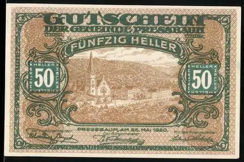 Notgeld Pressbaum 1920, 50 Heller, Stadtansicht mit Kirche und umliegender Landschaft