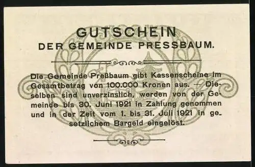 Notgeld Pressbaum 1920, 50 Heller, Stadtansicht mit Kirche und umliegender Landschaft