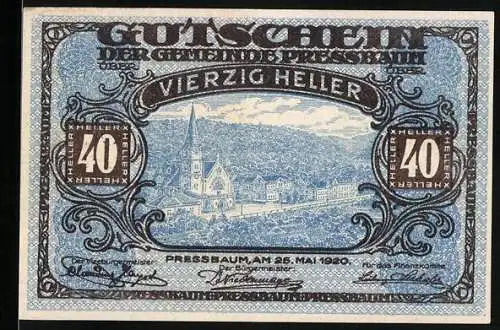 Notgeld Pressbaum 1920, 40 Heller, Stadtansicht mit Kirche und umliegender Landschaft, Seriennummer vorhanden