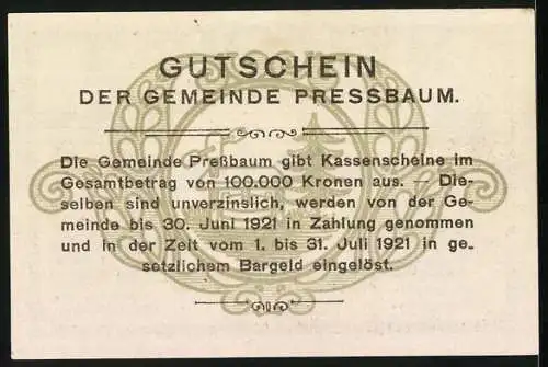 Notgeld Pressbaum 1920, 40 Heller, Stadtansicht mit Kirche und umliegender Landschaft, Seriennummer vorhanden