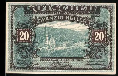 Notgeld Pressbaum 1920, 20 Heller, Stadtansicht mit Kirche und Hügeln im Hintergrund