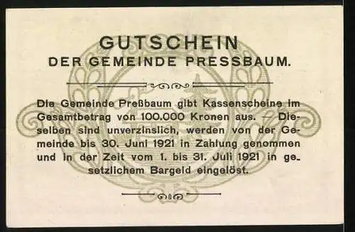 Notgeld Pressbaum 1920, 20 Heller, Stadtansicht mit Kirche und Hügeln im Hintergrund