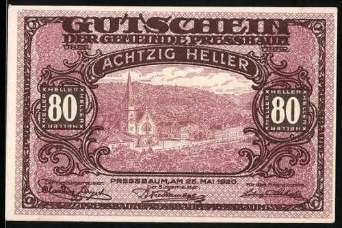 Notgeld Pressbaum 1920, 80 Heller, Stadtansicht mit Kirche