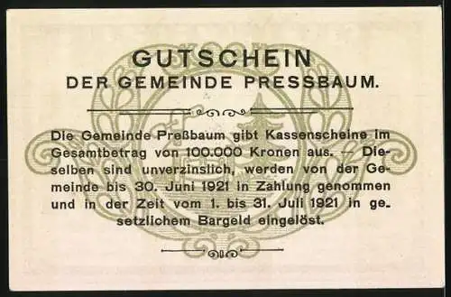 Notgeld Pressbaum 1920, 80 Heller, Stadtansicht mit Kirche