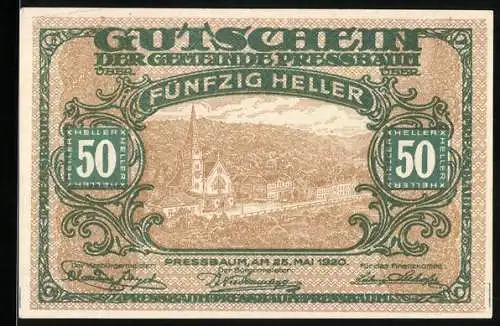 Notgeld Pressbaum 1920, 50 Heller, Stadtansicht mit Kirche