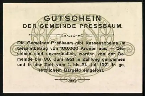 Notgeld Pressbaum 1920, 50 Heller, Stadtansicht mit Kirche