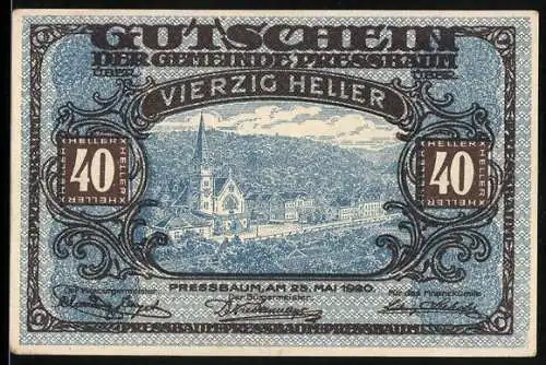 Notgeld Pressbaum 1920, 40 Heller, Stadtansicht mit Kirche und Landschaft