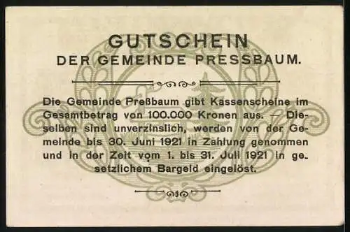 Notgeld Pressbaum 1920, 40 Heller, Stadtansicht mit Kirche und Landschaft