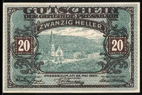 Notgeld Pressbaum 1920, 20 Heller, Stadtansicht mit Kirche, Text zur Einlösung