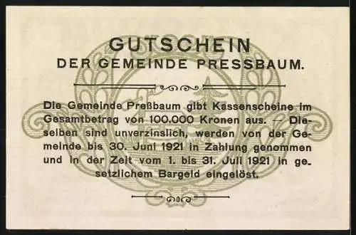 Notgeld Pressbaum 1920, 20 Heller, Stadtansicht mit Kirche, Text zur Einlösung