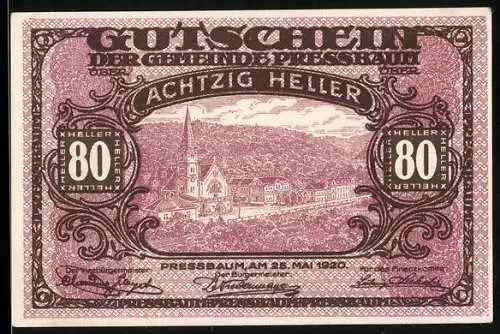 Notgeld Pressbaum 1920, 80 Heller, Stadtansicht mit Kirche und Hügeln