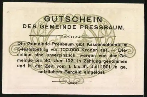 Notgeld Pressbaum 1920, 80 Heller, Stadtansicht mit Kirche und Hügeln