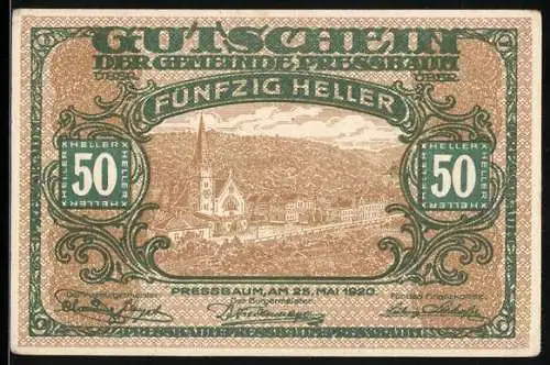 Notgeld Pressbaum 1920, 50 Heller, Stadtansicht mit Kirche und Ornamenten