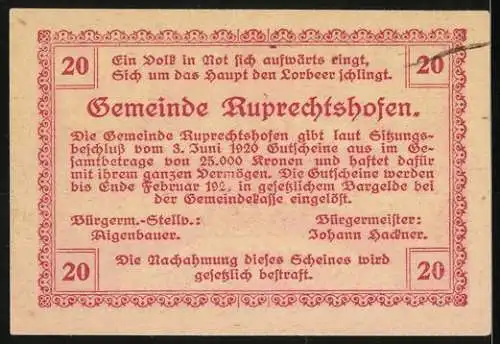 Notgeld Ruprechtshofen 1920, 20 Heller, Bohrturm und Dorflandschaft, Gedicht und Text auf Rückseite