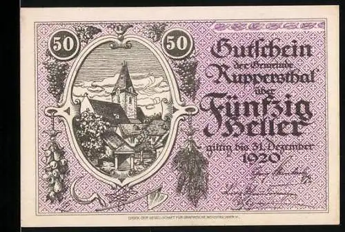 Notgeld Ruppersthal 1920, 50 Heller, Dorflandschaft mit Kirche und Weizenmotiv