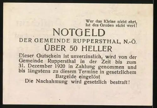 Notgeld Ruppersthal 1920, 50 Heller, Dorflandschaft mit Kirche und Weizenmotiv