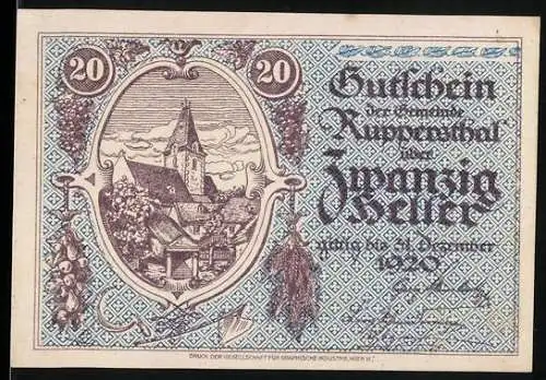 Notgeld Ruppersthal 1920, 20 Heller, Dorfszene mit Kirche und dekorativem Rahmen