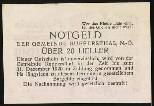 Notgeld Ruppersthal 1920, 20 Heller, Dorfszene mit Kirche und dekorativem Rahmen