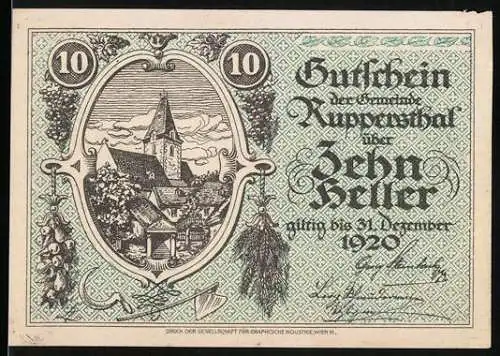 Notgeld Ruppersthal 1920, 10 Heller, Dorflandschaft mit Kirche und landwirtschaftlichen Motiven