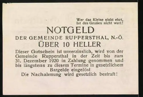 Notgeld Ruppersthal 1920, 10 Heller, Dorflandschaft mit Kirche und landwirtschaftlichen Motiven