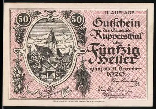 Notgeld Ruppersthal 1920, 50 Heller, Ortsansicht mit Kirche und landwirtschaftlichen Motiven