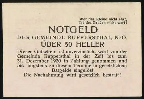 Notgeld Ruppersthal 1920, 50 Heller, Ortsansicht mit Kirche und landwirtschaftlichen Motiven