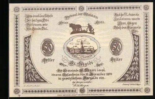 Notgeld St. Aegidi 1920, 50 Heller, Bauer mit Ochsenkarren und Dorfszene, Text zur Haftung der Gemeinde