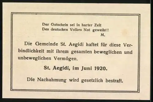 Notgeld St. Aegidi 1920, 50 Heller, Bauer mit Ochsenkarren und Dorfszene, Text zur Haftung der Gemeinde