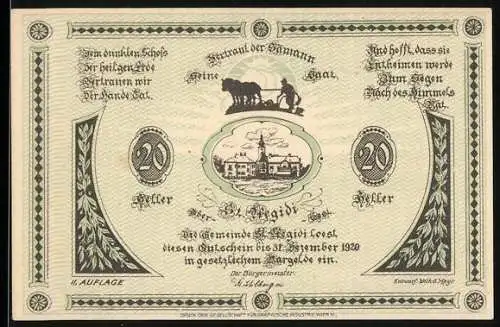 Notgeld St. Aegidi 1920, 20 Heller, Pflügender Bauer und Ortsansicht, zweite Auflage