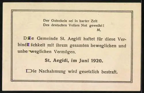 Notgeld St. Aegidi 1920, 20 Heller, Pflügender Bauer und Ortsansicht, zweite Auflage