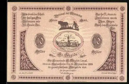 Notgeld St. Aegidi 1920, 10 Heller, Dorfansicht mit Statue und Kuhmotiv