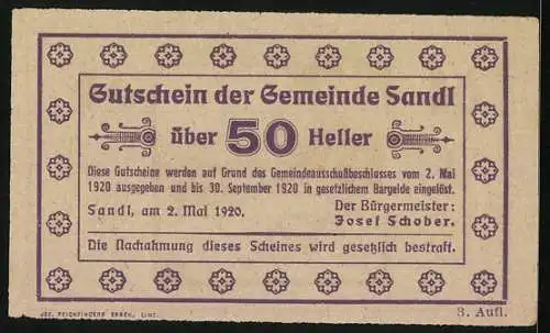 Notgeld Sandl 1920, 50 Heller, Rehbock am Flussufer, Text mit floralen Mustern