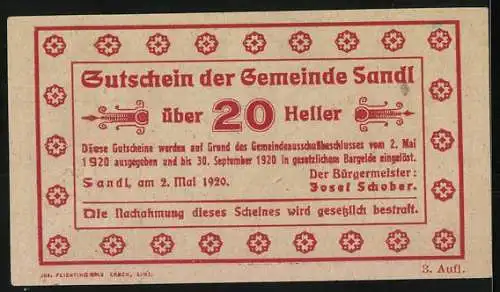 Notgeld Sandl 1920, 20 Heller, Holzfäller und Landschaftsmotiv, rote Verzierung und Text