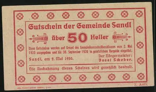 Notgeld Sandl 1920, 50 Heller, Hirsch am Flussufer, Gemeindegutschein mit Verzierungsmuster