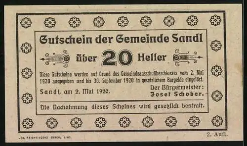 Notgeld Sandl 1920, 20 Heller, Holzarbeiter-Motiv mit Berglandschaft, Gutschein der Gemeinde Sandl