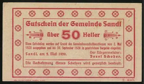 Notgeld Sandl 1920, 50 Heller, Reh am Waldrand-Motiv, Ausgabe durch die Gemeinde Sandl