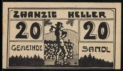 Notgeld Sandl 1920, 20 Heller, Holzhacker-Motiv und Textverzierung