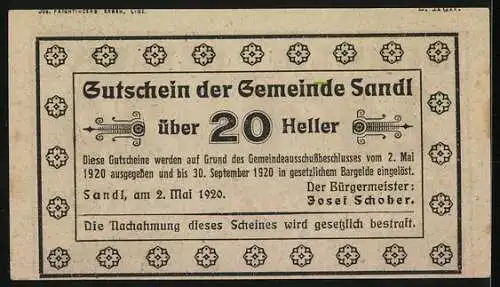 Notgeld Sandl 1920, 20 Heller, Holzhacker-Motiv und Textverzierung