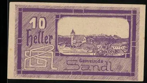 Notgeld Sandl 1920, 10 Heller, Dorflandschaft, lila Gestaltung, Ausgabe 2. Mai, gültig bis 30. Sept. 1920